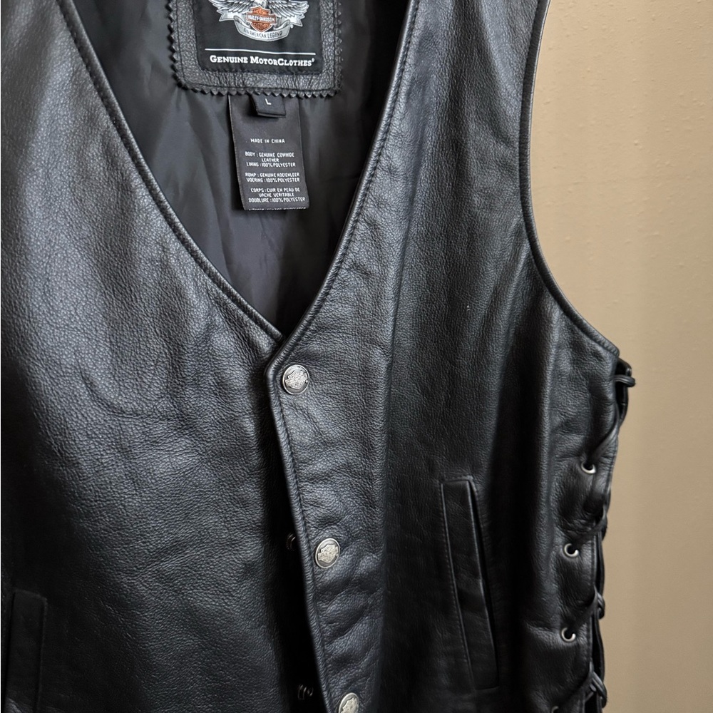 Harley-Davidson Leather Motorcycle Vest Mens L Black Lace Up Biker Snap - Picture 5 of 5